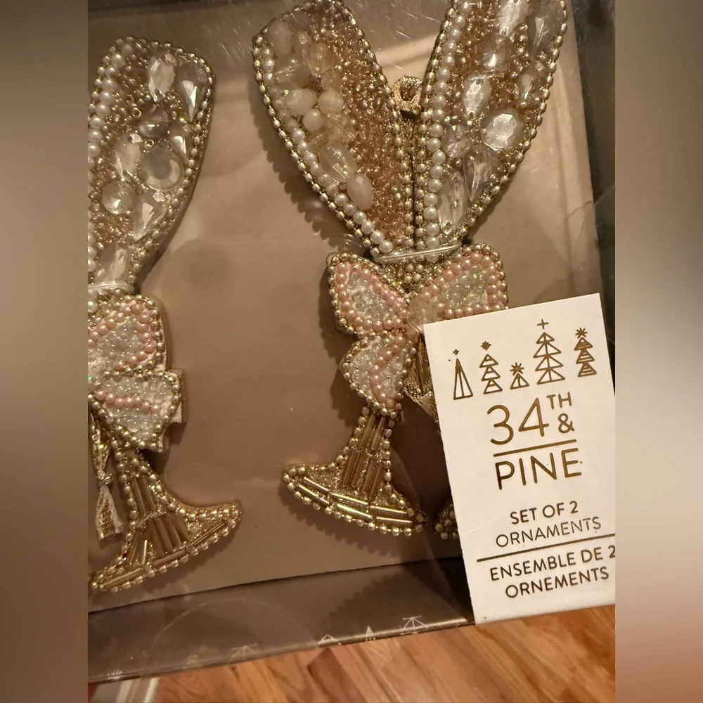 34th & Pine Set of 2 Gold and Cream Beaded Ornaments - Champagne Glasses NIB